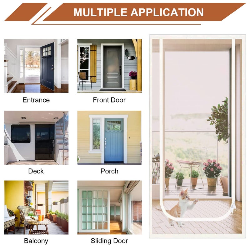 Dixutzi Reinforced Cat Screen Door Fits Door Size 32''x 80''  Heavy Duty Pets Proof Screen Door with Zipper  Prevent Dogs Cats Running Out from Home (White) - Image 2